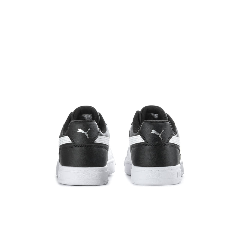 Kids' black and white Puma sneakers, back view with heel pull tabs