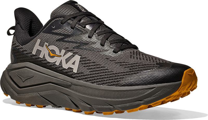 Quarter turn view Men's HOKA Footwear style name Challenger 8 GTX in color Asphalt Grey/ Varsity Yellow. Sku: 1171958-AYV