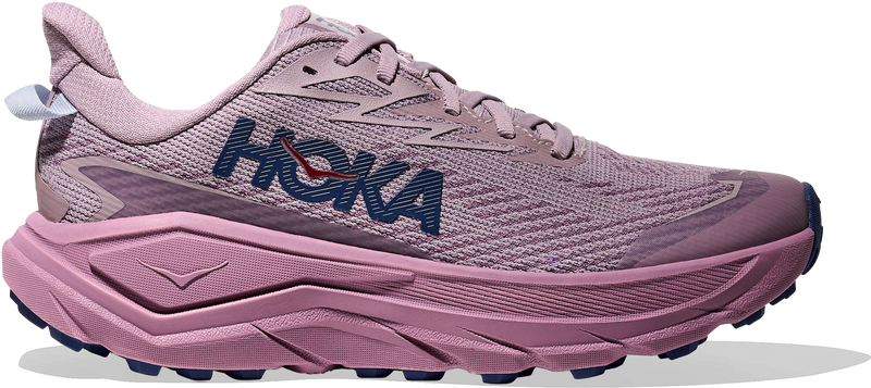 Quarter turn view Women's HOKA Footwear style name Challenger 8 GTX in color Fragrant Lilac/ Berry. Sku: 1171959-FMV