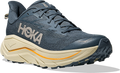 Quarter turn view Men's HOKA Footwear style name Challenger 8 in color Faded Navy/ Pampass Grass. Sku: 1168716-FYP
