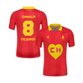 Chapulin men's red jersey with yellow collar, CH heart logo, and number 8 on back.