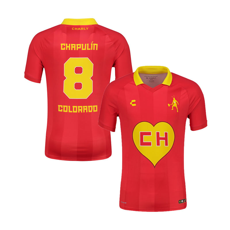 Chapulin men's red jersey with yellow collar, CH heart logo, and number 8 on back.