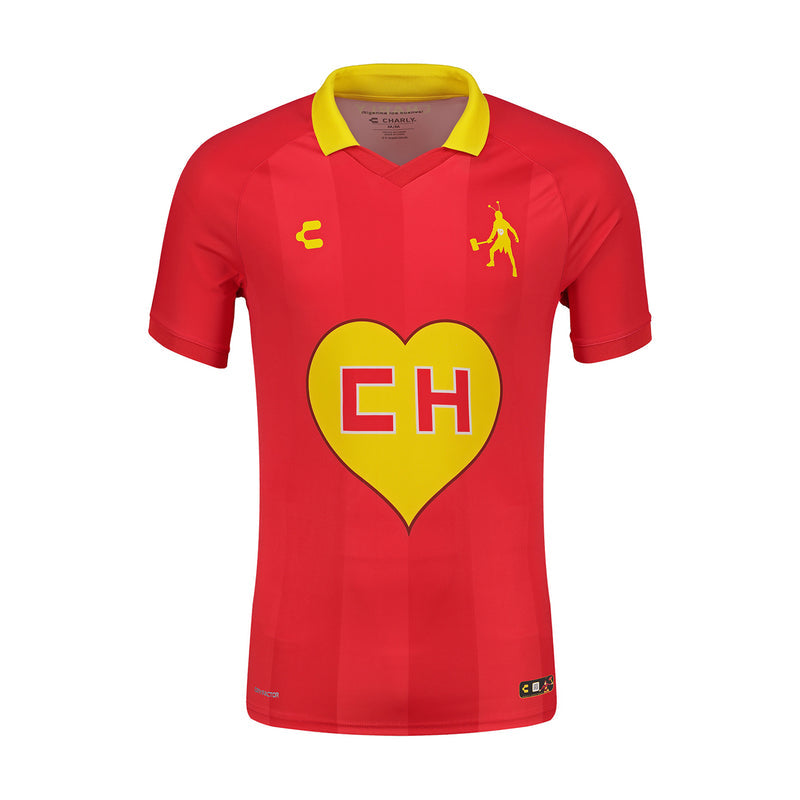 Red men's sports jersey with yellow collar and EH heart logo on the chest