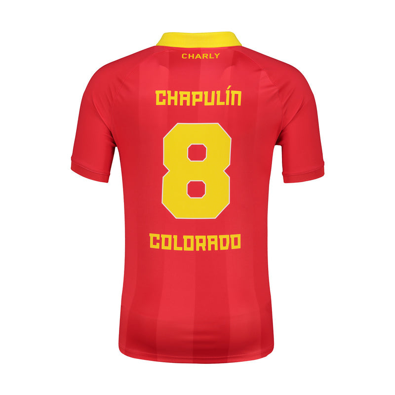 Red men's jersey with yellow collar, CHAPULÍN 8 print, and CHARLY on back.
