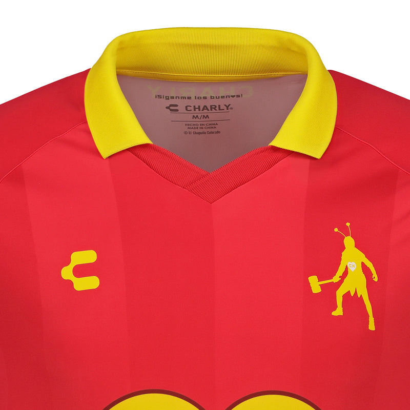 Red jersey close-up: yellow collar, small E H icons and polo player logo