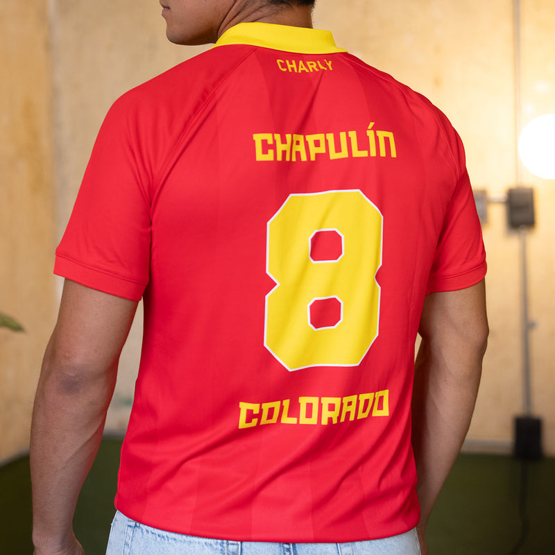 Men's red jersey with yellow collar and back print: CHAPULIN 8 COLORADO