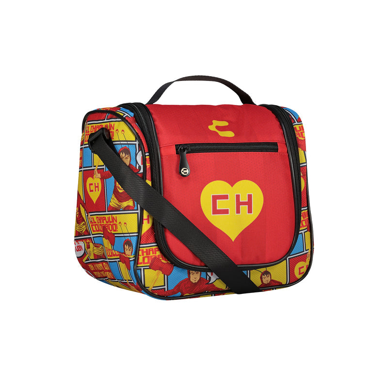 Chapulin lunch sack, red front with zip pocket and 'EH' heart, colorful side panel print