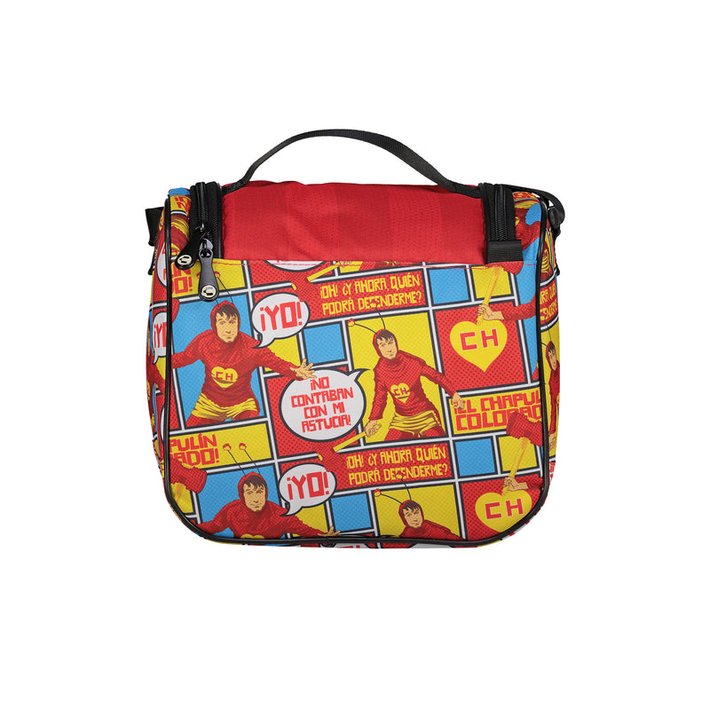 Chapulin lunch sack with all-over colorful comic print and red top panel, black handles