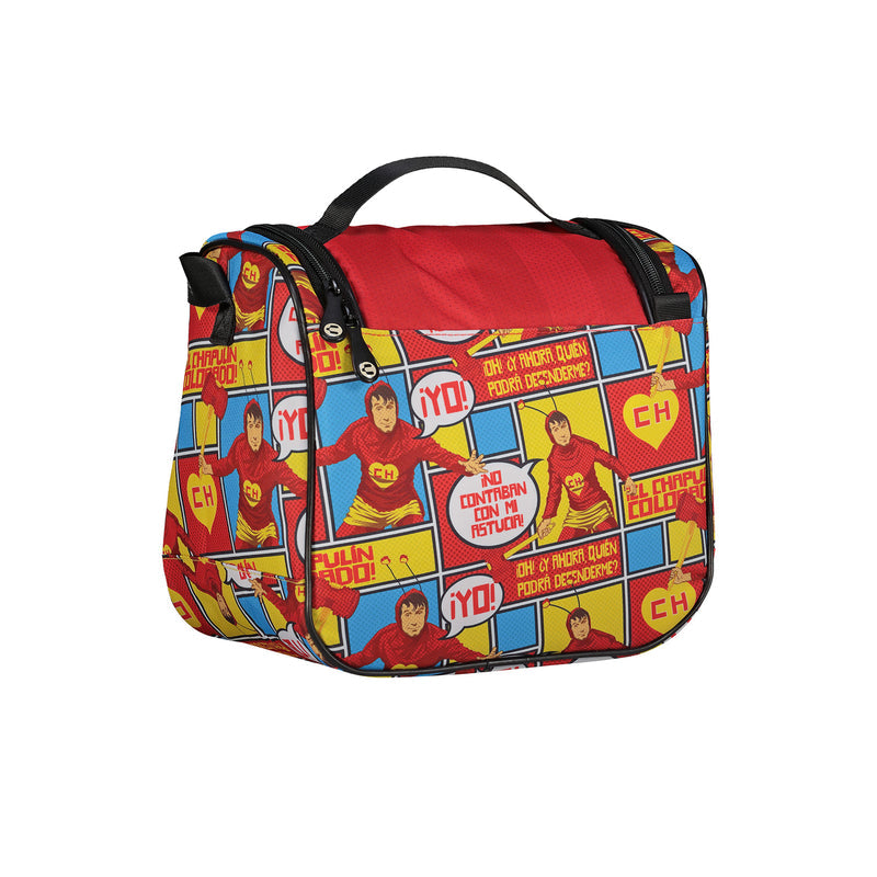 Chapulin lunch sack with colorful comic pattern, red top, black shoulder strap and handles