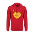Men's red pullover hoodie with yellow heart and CH graphic on chest