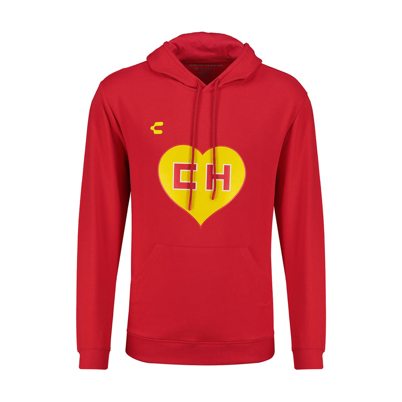 Men's red pullover hoodie with yellow heart and CH graphic on chest