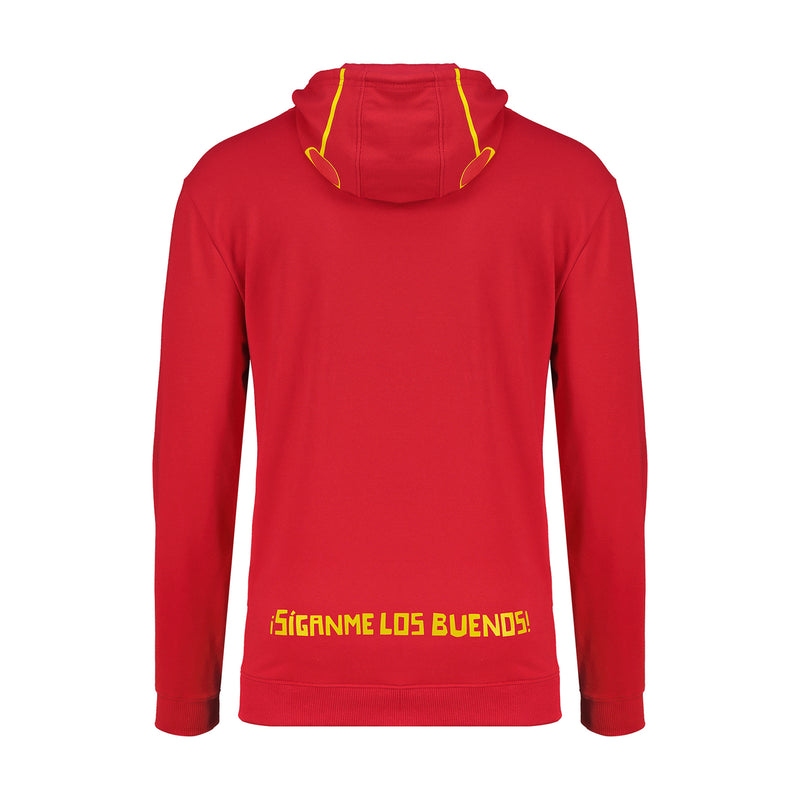 Men's red pullover hoodie with back text print and yellow drawstring tips