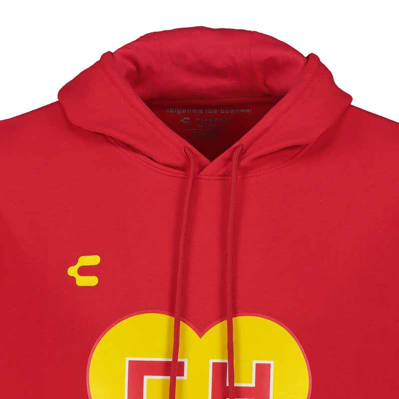 Red pullover hoodie close-up of hood and yellow CH heart graphic