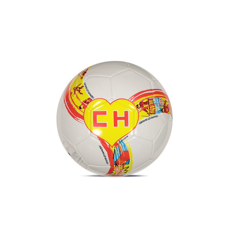 White soccer ball with red graphics and yellow 'EH' heart emblem