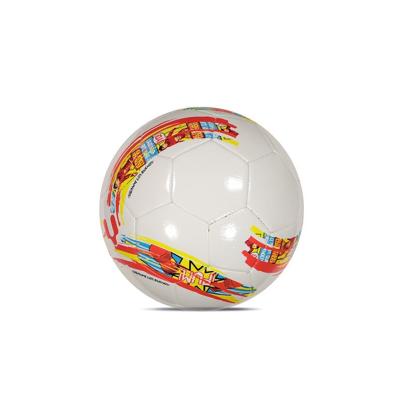 White soccer ball with colorful border graphic and 'EH' heart design