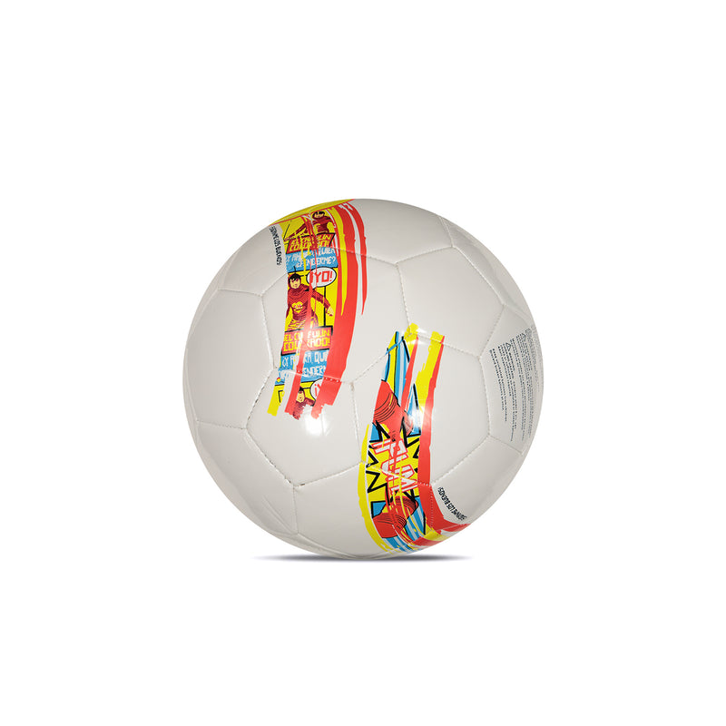 White soccer ball with colorful side print and small text on panel