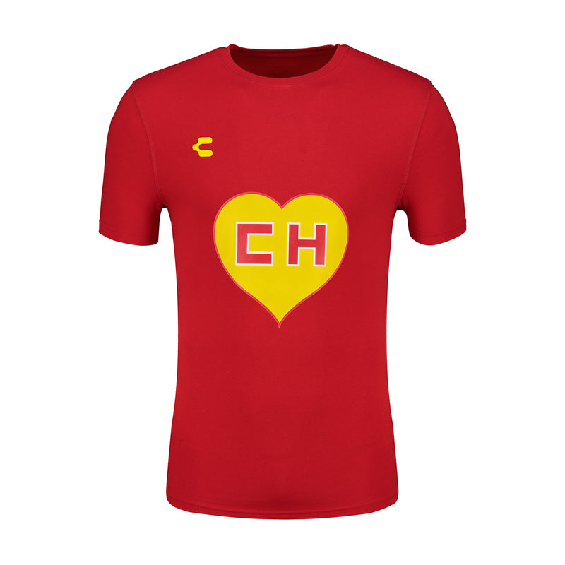 Men's red graphic short-sleeve T-shirt, centered yellow CH heart chest print