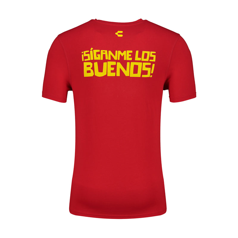 Men's red short-sleeve tee with yellow back graphic and text