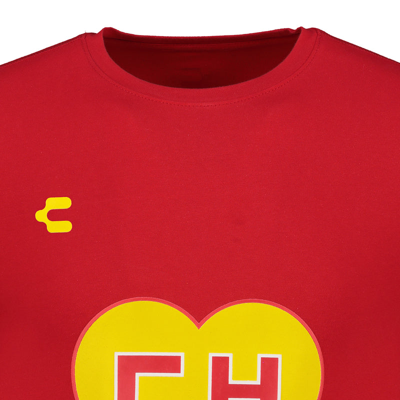 Men's red T-shirt close-up of yellow heart CH logo and small icon