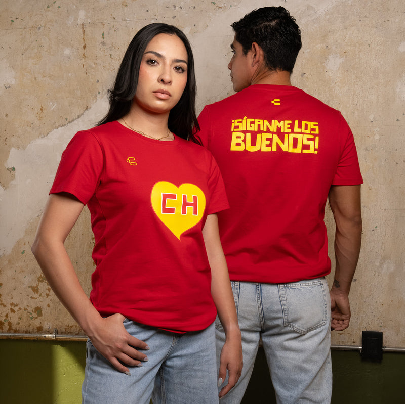 Men's red graphic short-sleeve T-shirt with yellow CH heart front print