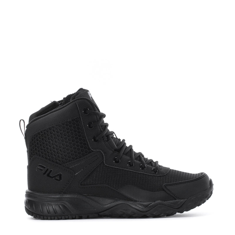 FILA black high-top lace-up sneaker with textured panels and chunky rubber outsole