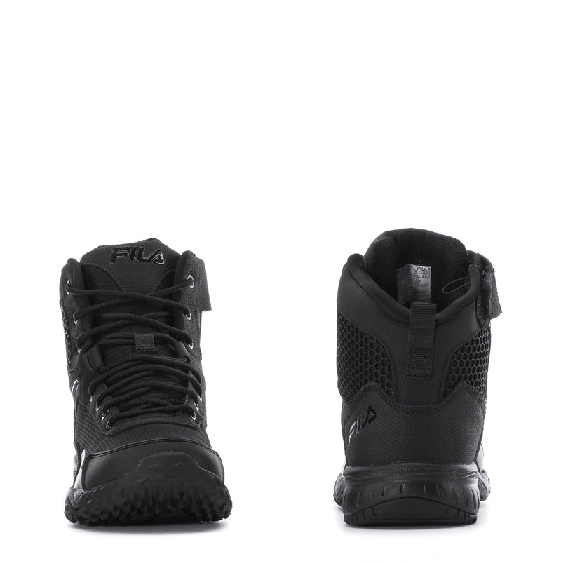 FILA black high-top sneaker heel and toe views with lace-up upper and rubber sole