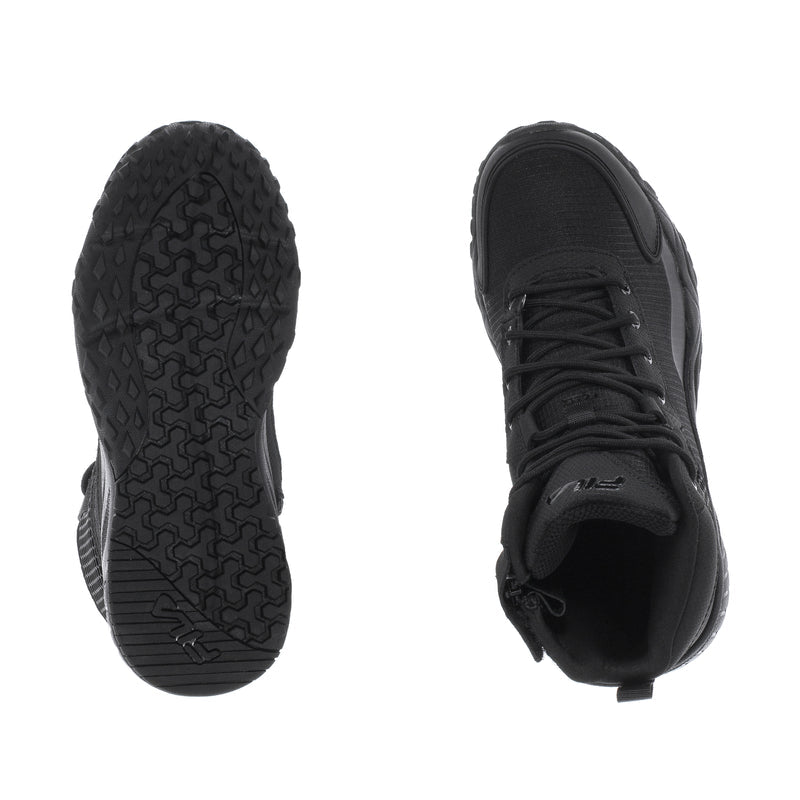 FILA black high-top sneaker outsole and inside view with textured traction tread