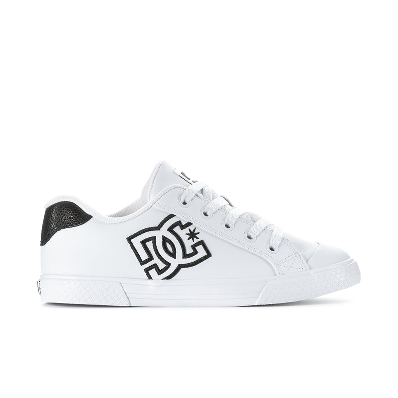 Women's DC Chelsea sneakers, white leather with black heel and side logo