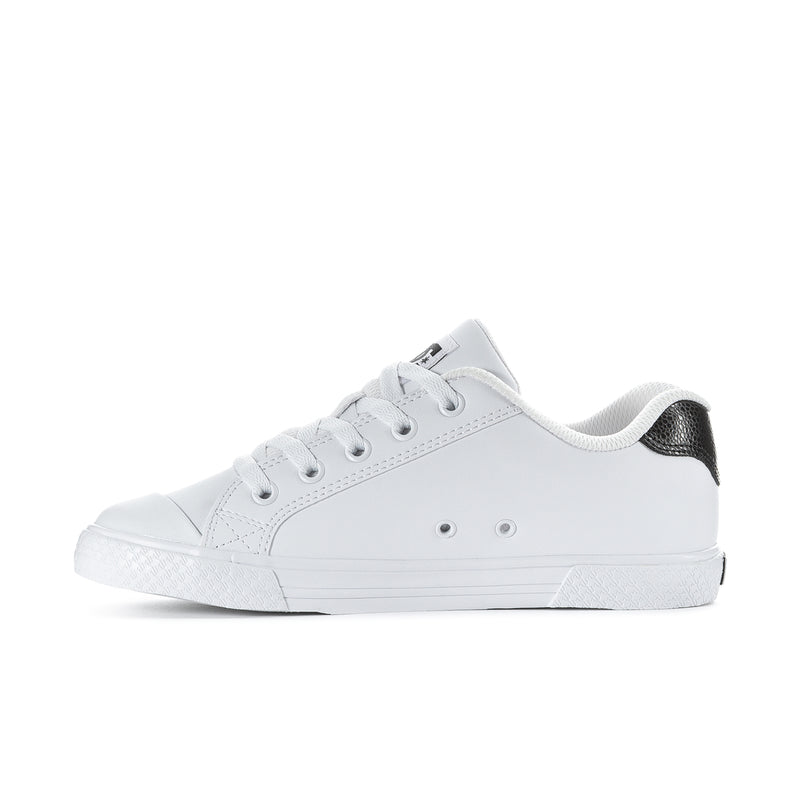 Women's DC Chelsea sneakers, white with black collar lining and front lace eyelets