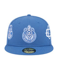 Blue baseball cap with front crest and side logo patches