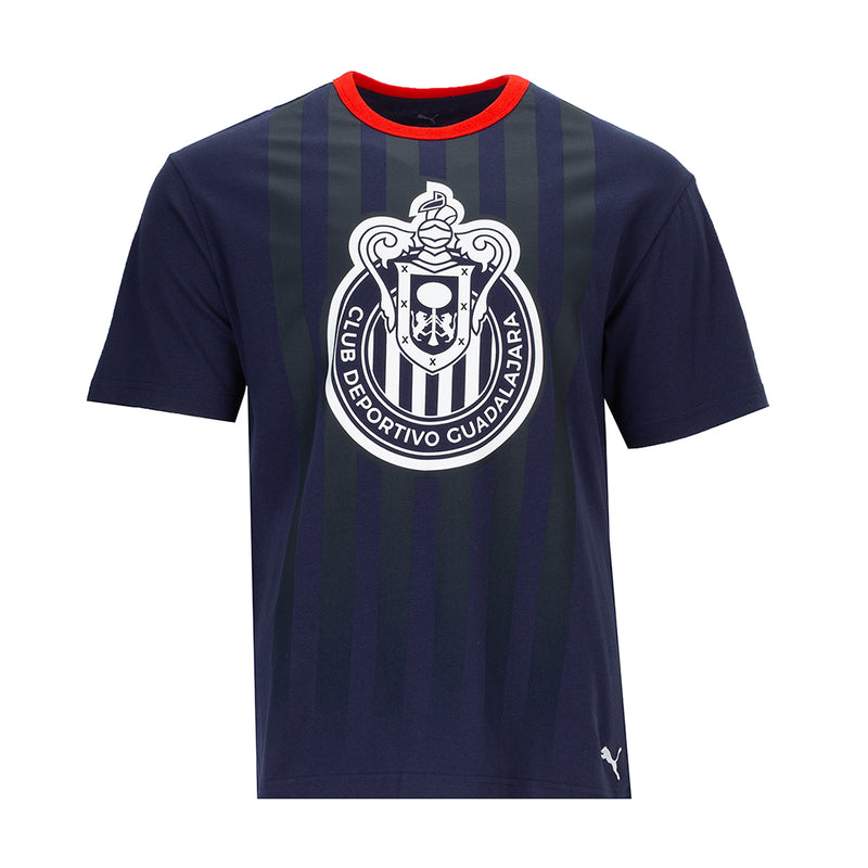 Men's navy relaxed tee with red crew neck trim and crest front graphic