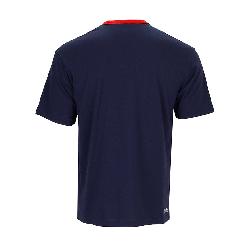 Men's navy relaxed tee, back view with red crew neck trim