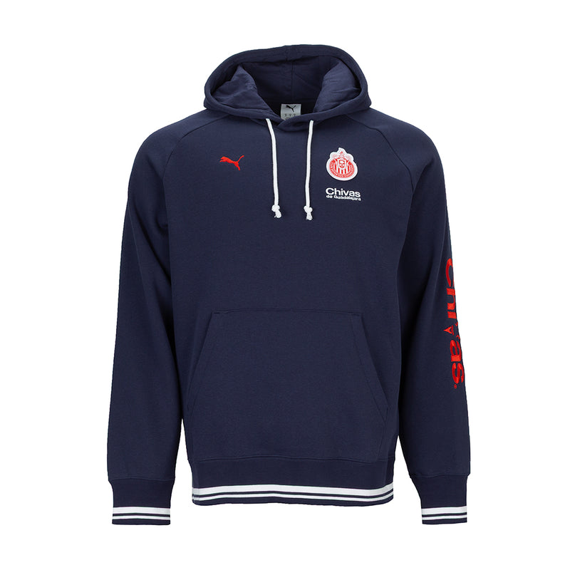 Men's navy relaxed hoodie with hood, drawstrings, kangaroo pocket, and small chest logos