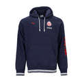 Men's navy relaxed hoodie with hood, drawstrings, kangaroo pocket, and small chest logos