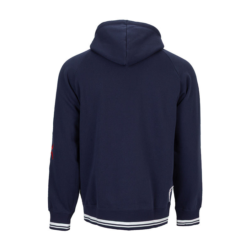 Navy back view hoodie with hood, ribbed cuffs, striped hem band, and small sleeve detail