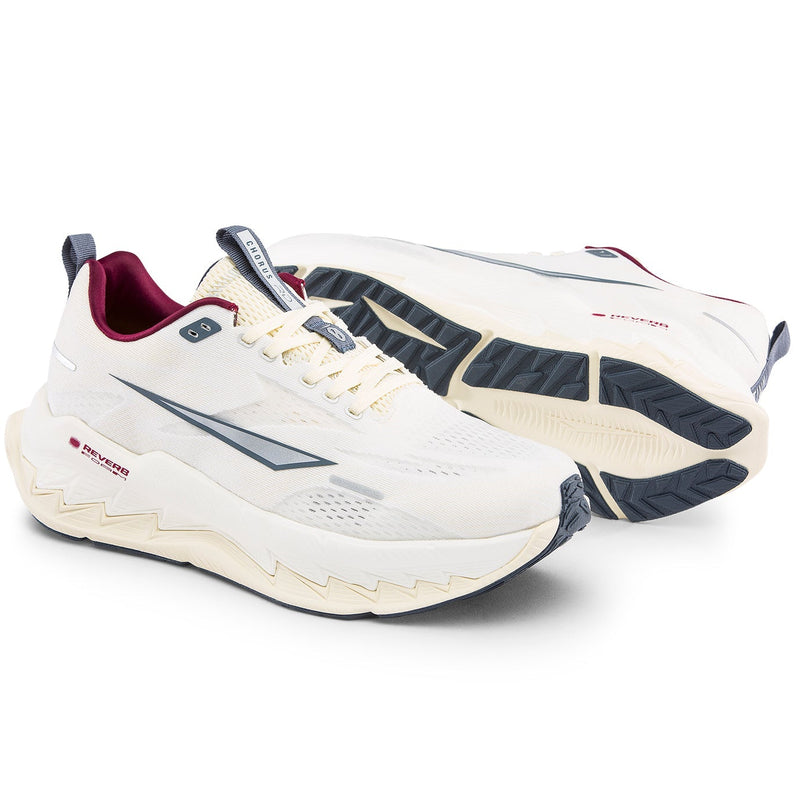 White running shoes with black and red accents on a white background
