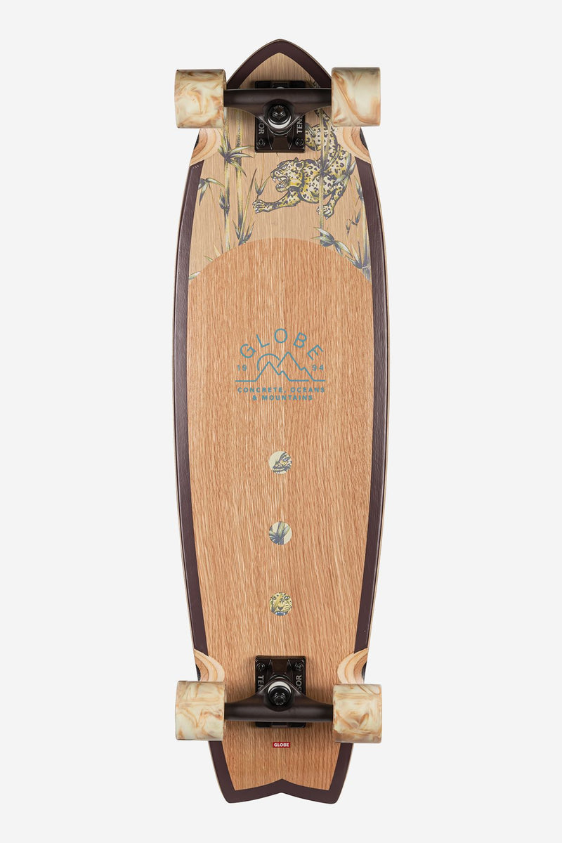 Chromantic Cruiserboard 33 in White Oak Jaguar top view with tiger and bamboo artwork and teal wheels