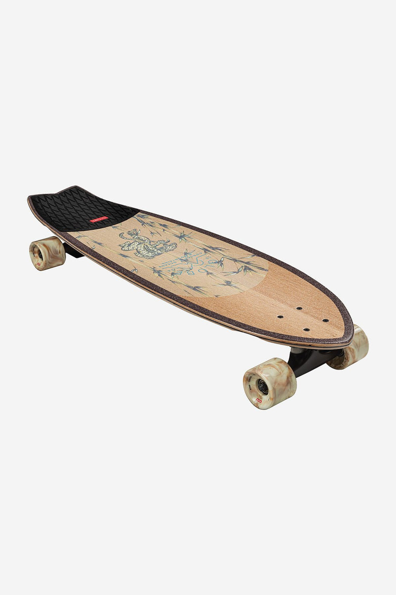 Chromantic Cruiserboard 33in White Oak Jaguar longboard top view with surf inspired resin7 deck and cream wheels.