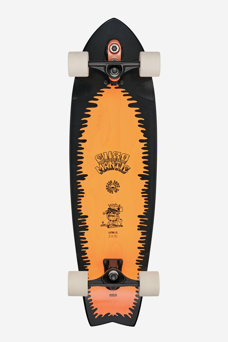 Top-down view of Chromantic 33 Lightning Log surf skate with black deck and bright orange center graphic and white wheels
