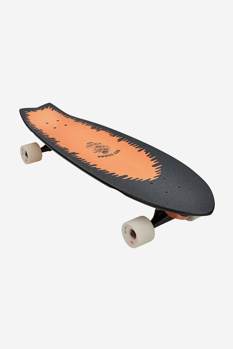 Side view of Chromantic 33 Lightning Log surf skate featuring a swallow-tail deck and orange trucks