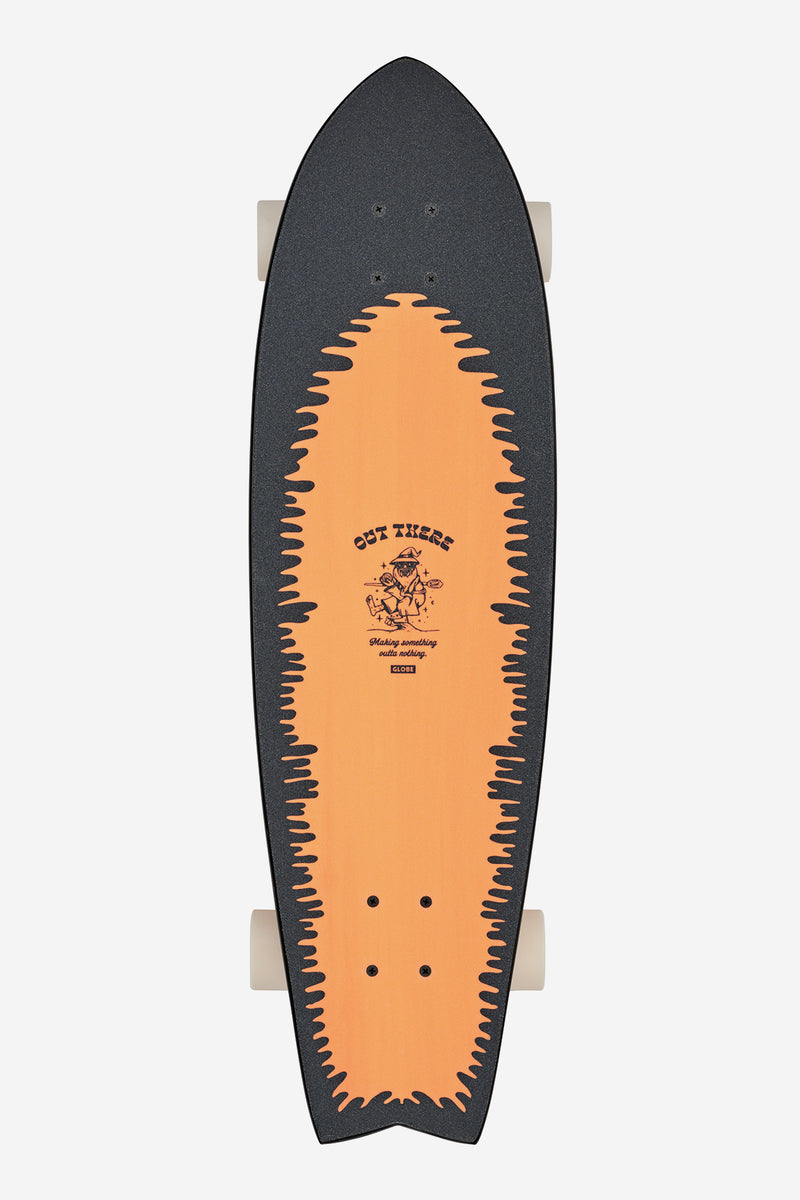Top view of Chromantic 33 inch Lightning Log surf skateboard with black deck and orange center graphic