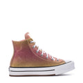 Youth high-top sneakers, maroon/gold glitter canvas, white laces, white rubber sole