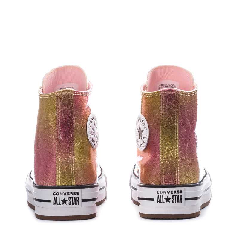 Youth high-top sneakers heel view, maroon/gold glitter with Converse All Star logo