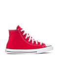 Red kids high-top Converse Chuck Taylor sneaker with white laces and rubber toe cap