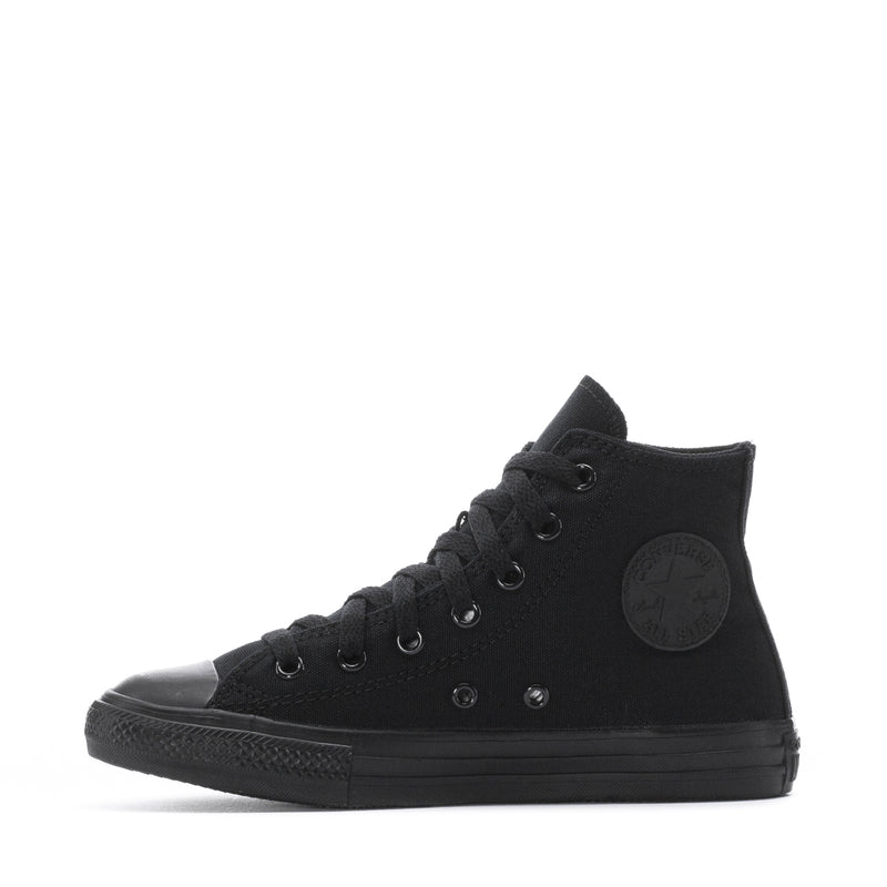 Kids black high-top Chuck Taylor All Star with laces and circular side logo patch