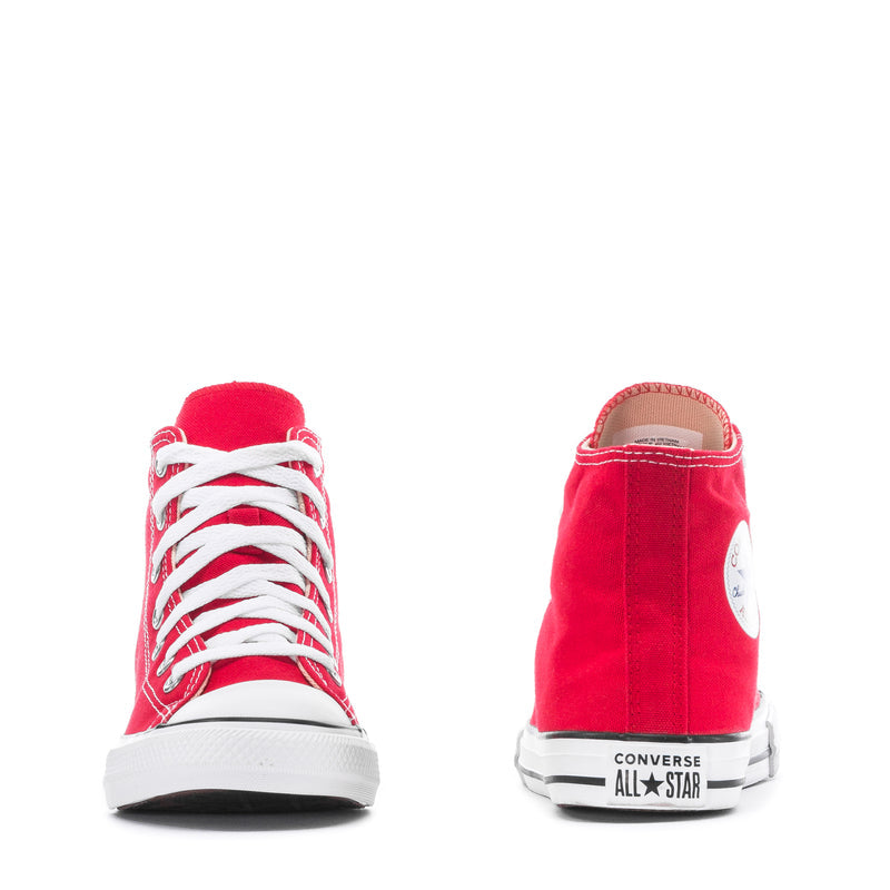 Red kids high-top Converse sneaker heel view with Converse All Star logo on back
