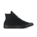 Black high-top canvas sneaker angled view with low-profile rubber sole