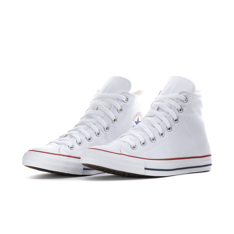 Pair of optical white lace-up high-top canvas sneakers with Converse All Star logos