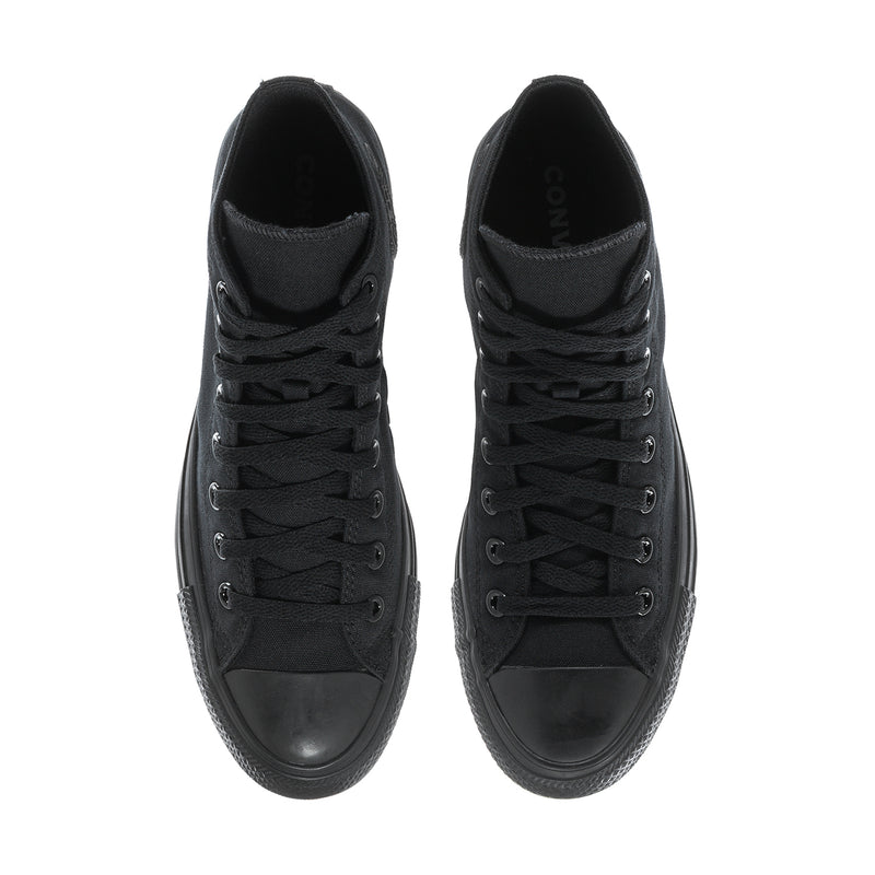 Pair of black high-top sneakers viewed from above, showing lace eyelets