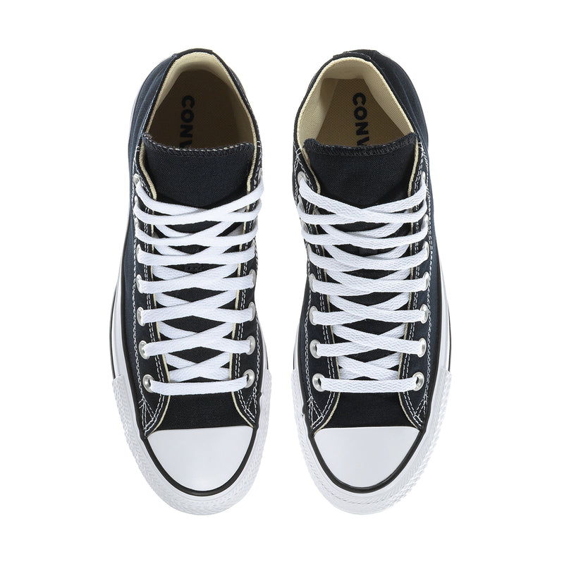 Men's black high-top sneakers with white laces and white rubber toe cap